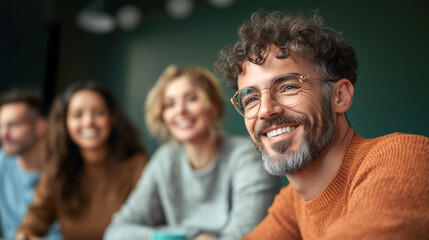 Fototapeta premium Group of friends sharing smiles in a cozy indoor setting