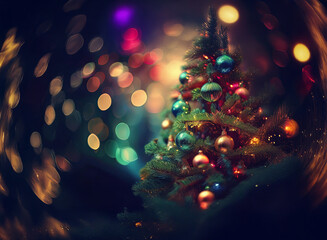A miniature Christmas tree adorned with colorful ornaments sits amidst a bokeh of warm and cool lights, creating a magical, festive scene.