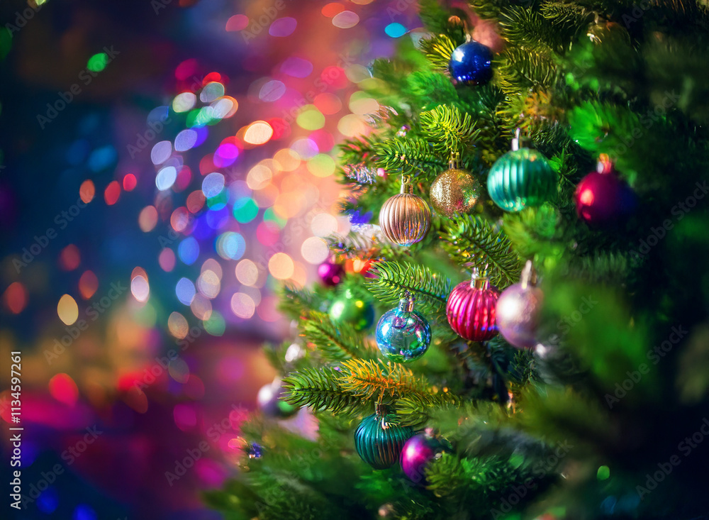 Poster a beautifully decorated christmas tree glows with colorful ornaments and lights against a vibrant bo