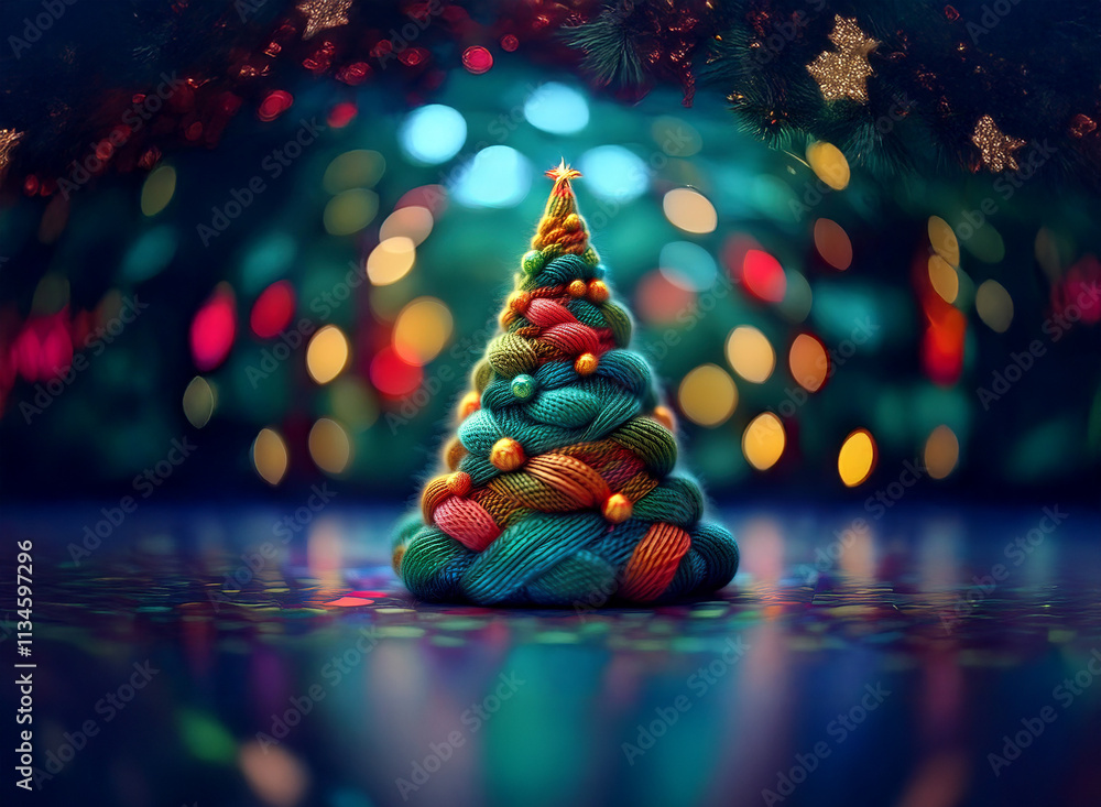Poster a whimsical yarn christmas tree gleams under soft, colorful lights. its intricate woven design rests