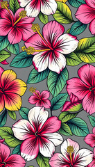Seamless tropical pattern with colorful hibiscus flowers and leaves on gray background
