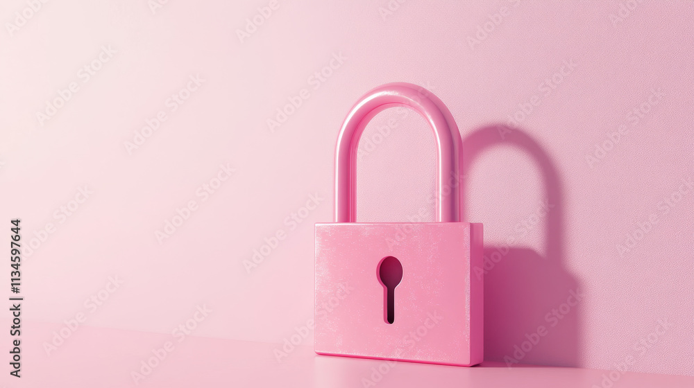 Poster 3d lock pink secure padlock with key to safe open. password locker isolated illustration for privacy