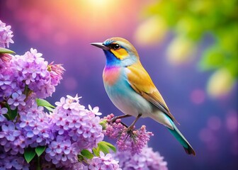 Obraz premium A Colorful Bird on a Branch Surrounded by Lilac Blossoms in a Dreamy Hazy Background for Nature Lovers and Floral Aesthetics