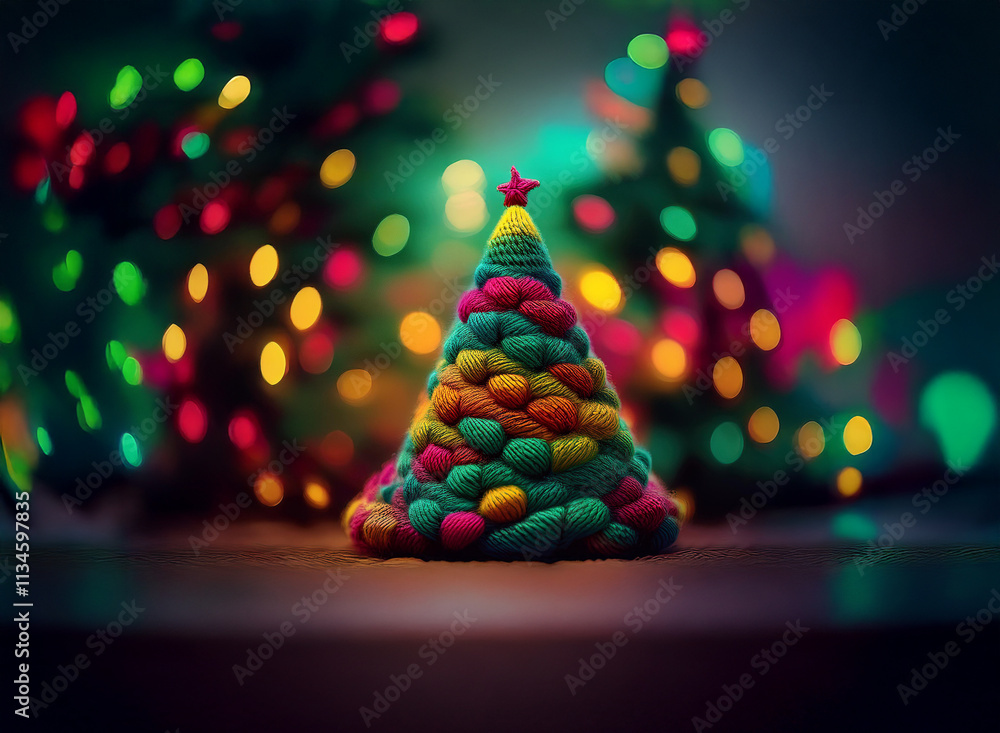 Poster A miniature yarn Christmas tree sits on a dark surface, illuminated by colorful bokeh lights from larger trees in the background.  The tiny tree is adorned with a star.