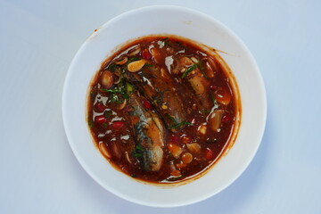 Tuna in sauce with chili and chopped onions, Thai people love to eat it.