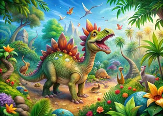 Fototapeta premium A Colorful Illustration of a Singing Stegosaurus in a Lush Prehistoric Landscape, Capturing the Joy of Nature and Music Amidst Vibrant Flora and Fauna