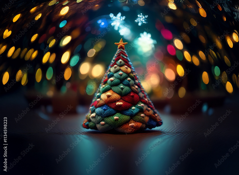 Poster a colorful, handcrafted christmas tree stands proudly, illuminated by festive bokeh lights and snowf