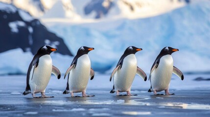 Fototapeta premium Group of Penguins Walking on Icy Shoreline