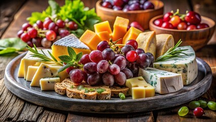 A Colorful Platter of Assorted Cheeses and Fresh Grapes for Celebrations and Gatherings, Showcasing a Beautiful Spread Ideal for Entertaining Friends and Family at Special Events