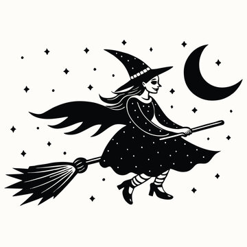 recommend clip art: Halloween witch flying with her old magic broom and mortar in a dark night sky, black and white background
