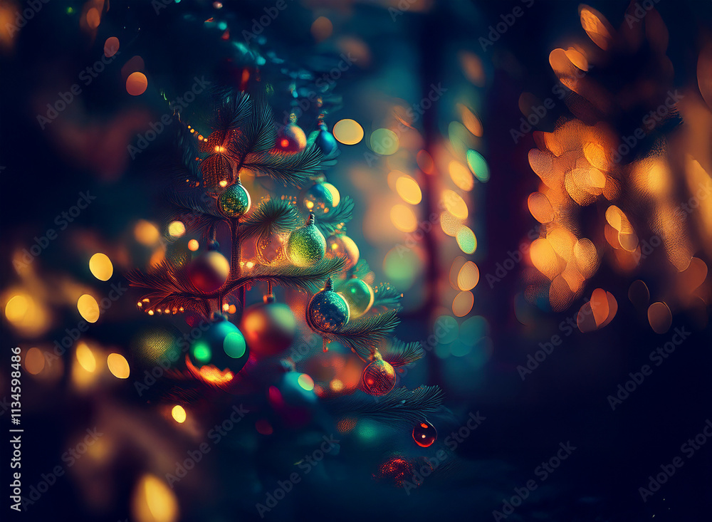 Aufkleber enchanted christmas scene: colorful ornaments adorn a branch, bathed in warm and cool bokeh lights, 