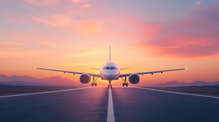 Obraz premium A large white airplane is on the runway, with the sun setting in the background