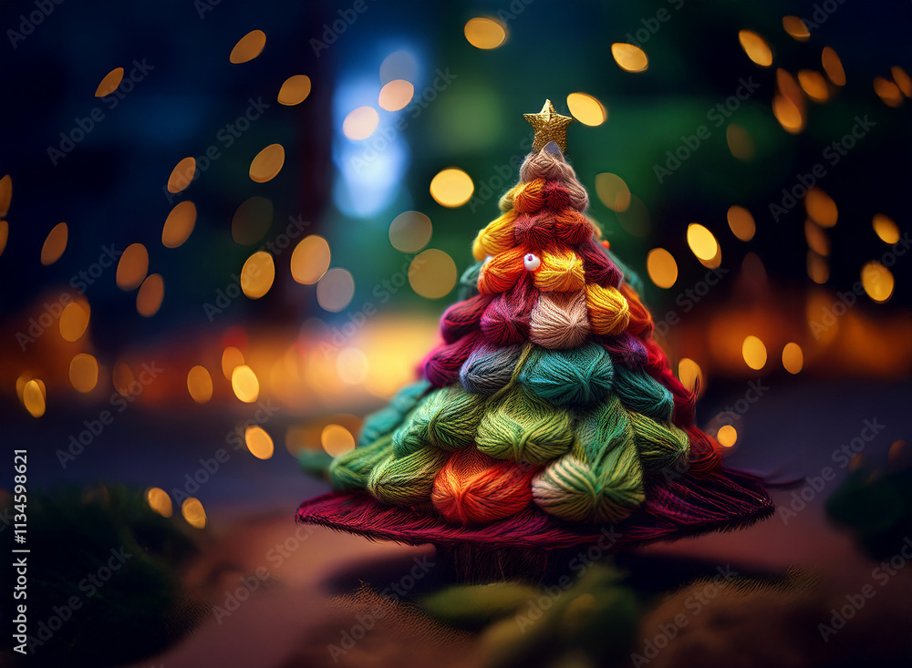 Poster A miniature Christmas tree crafted from colorful yarn sits on a rustic base, illuminated by a magical bokeh background.  The star atop adds a festive touch.