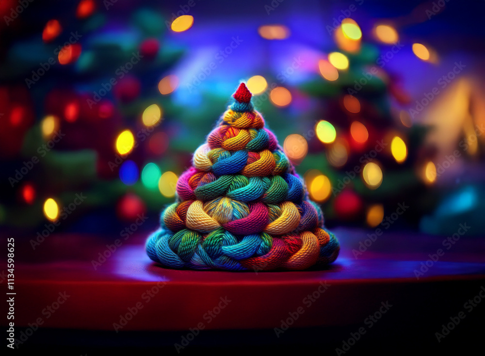 Poster A vibrant, multicolored yarn Christmas tree sits on a dark red surface, illuminated by a bokeh of warm and cool lights, creating a festive and whimsical scene.