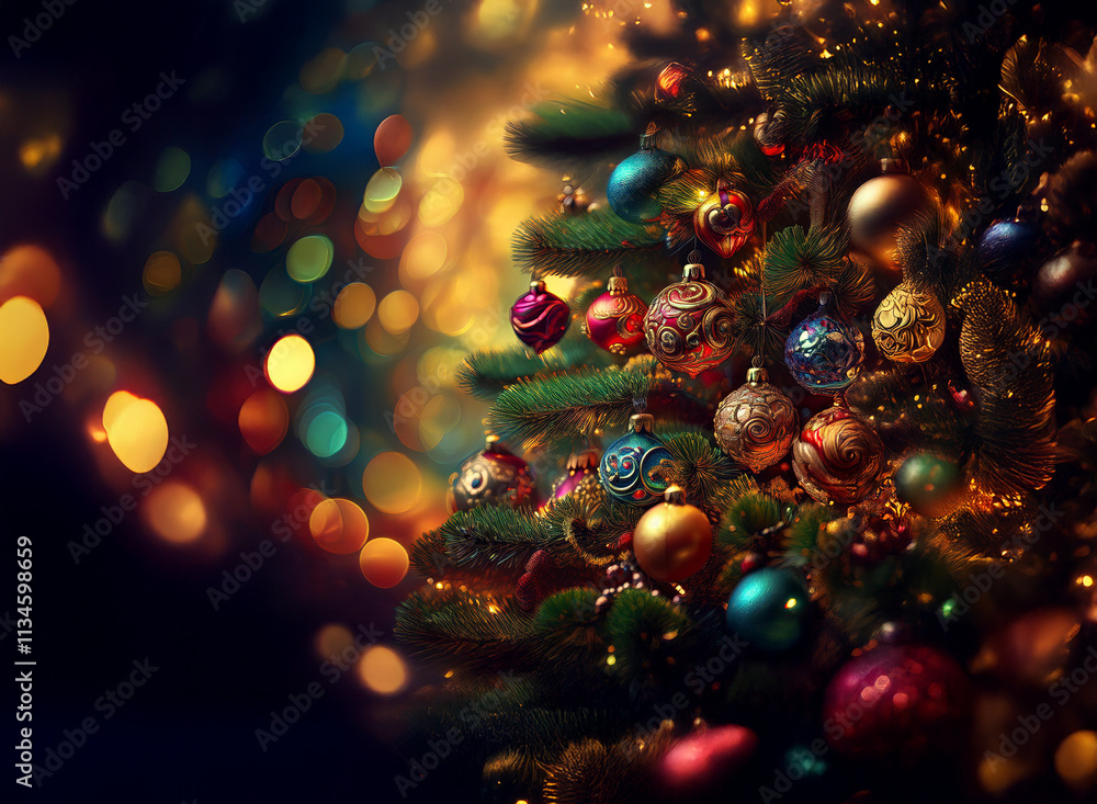 Poster a richly decorated christmas tree glows with colorful ornaments and warm lights against a bokeh back