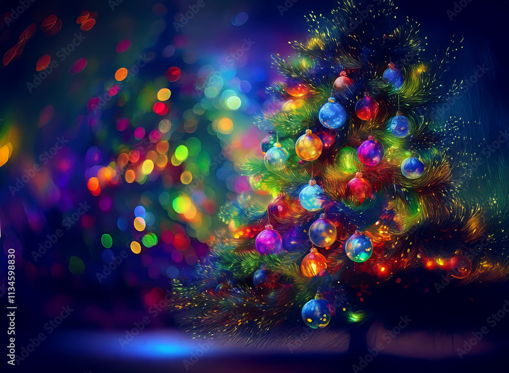 Poster a vibrant, colorful christmas tree adorned with glowing ornaments. sparkling lights create a magical