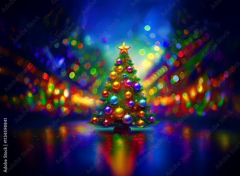 Poster a vibrant christmas tree stands proudly, adorned with colorful ornaments, reflecting in a shimmering