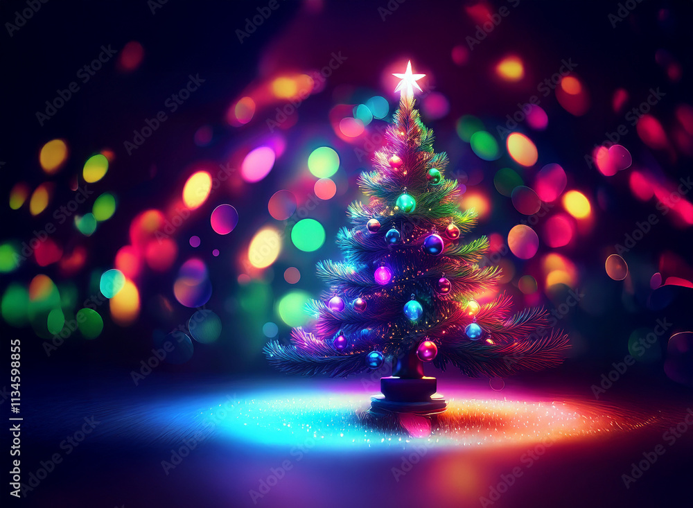 Aufkleber a vibrant christmas tree glows brightly, adorned with colorful ornaments and surrounded by a bokeh o