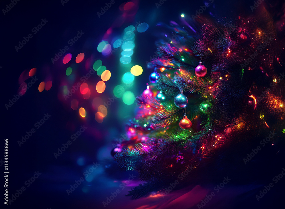 Aufkleber A vibrant, colorful Christmas tree glows brightly against a dark background, illuminated by multicolored lights creating a bokeh effect.  The tree is adorned with colorful ornaments, adding to the fes