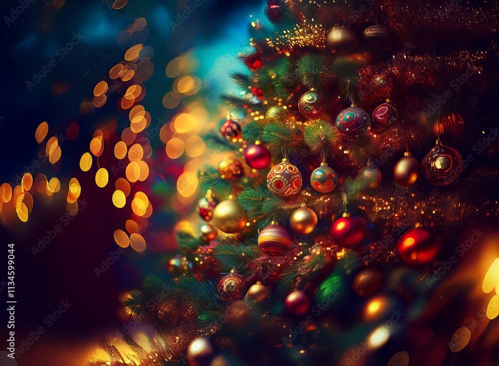 Poster a richly decorated christmas tree glows with colorful ornaments and warm lights against a blurred bo