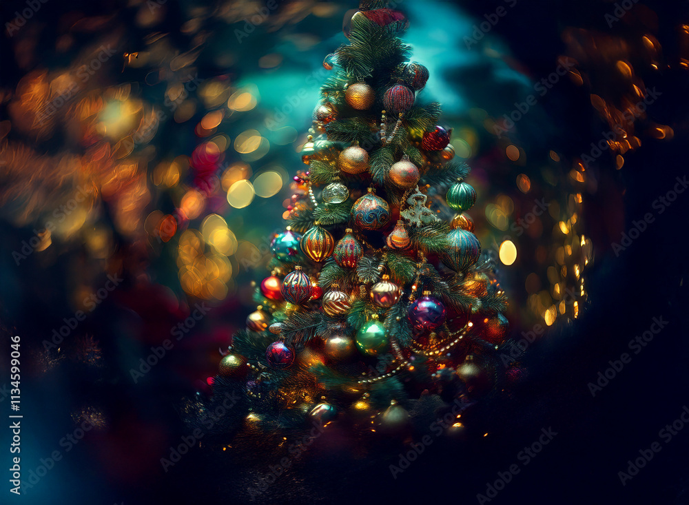 Poster a vibrantly decorated christmas tree stands tall, adorned with colorful ornaments and gleaming light