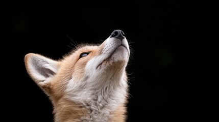 A small brown and white fox is looking up at the camera