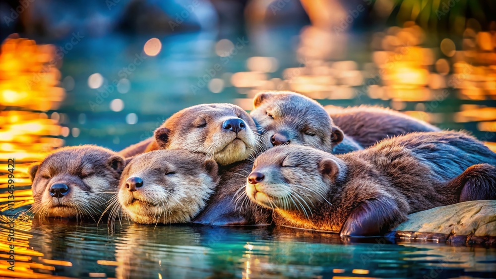 Aufkleber a cozy group of otters snuggling together for a nap in a serene natural setting with soft textures a