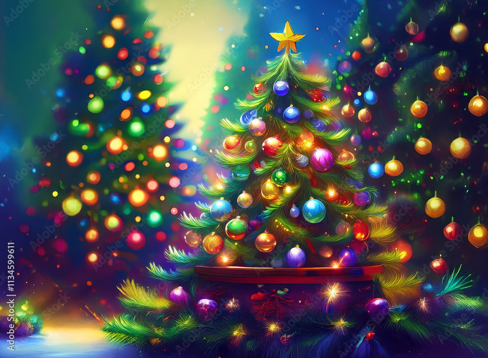 Poster A magical winter scene featuring three vibrantly decorated Christmas trees adorned with colorful ornaments and twinkling lights, creating a festive and joyous atmosphere.  Snow gently falls, enhancing