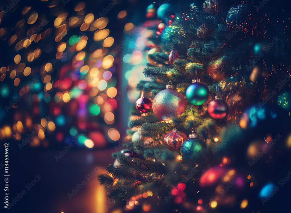 Poster a beautifully decorated christmas tree glows with colorful ornaments and twinkling lights, creating 