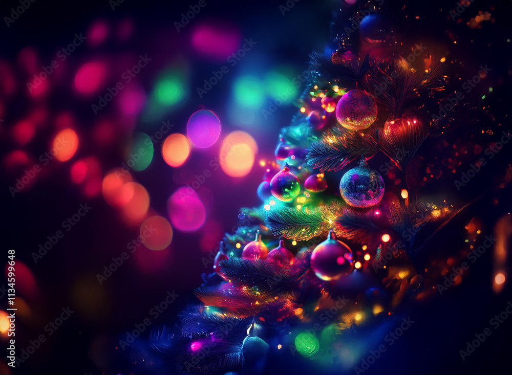 Poster a vibrant, colorful christmas tree glows brightly against a bokeh background of multicolored lights.