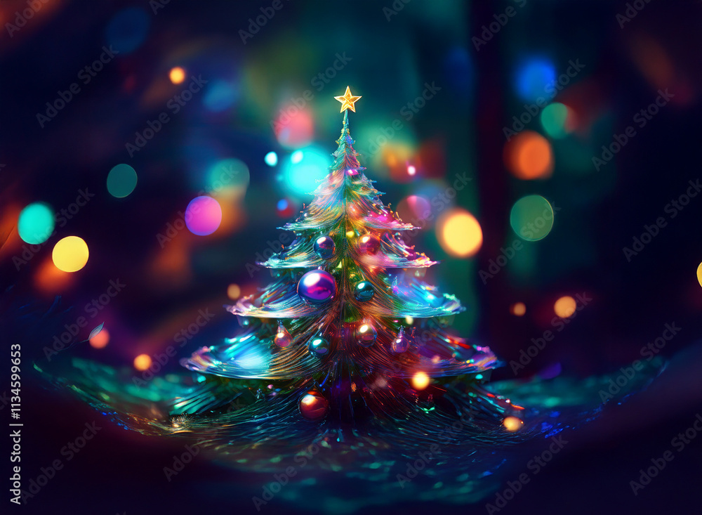 Poster A vibrant, stylized Christmas tree adorned with colorful ornaments glows against a bokeh backdrop.  The tree's unique design and luminous appearance create a magical, festive atmosphere.