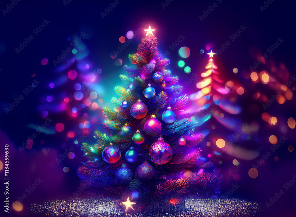Poster A vibrant, neon-colored Christmas tree glows brightly, adorned with colorful ornaments. Surrounding it, smaller trees and bokeh lights create a magical, festive atmosphere.  Sparkling snow adds to the