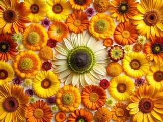 Obraz premium High-resolution PNG: Calendula and sunflower pressed flower circle pattern. Botanical design perfection.