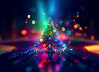 A vibrant, stylized Christmas tree gleams with colorful ornaments, reflecting in a glossy, iridescent surface.  Surrounding bokeh lights create a magical, festive atmosphere.
