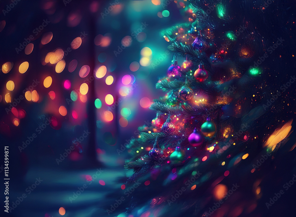 Aufkleber a snow-dusted christmas tree glows with vibrant, colorful lights against a bokeh background of twink