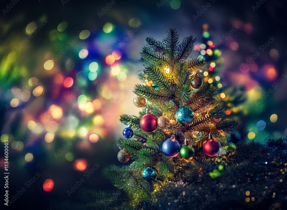 Poster a small, decorated christmas tree glows with warm lights against a backdrop of colorful bokeh. festi