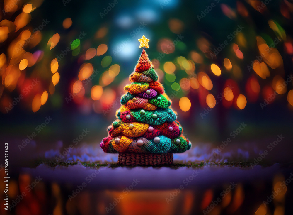 Poster a whimsical, colorful christmas tree crafted from fabric sits in a snowy scene, illuminated by a bok