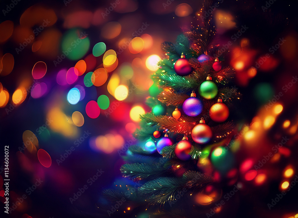 Poster a vibrant christmas tree adorned with colorful ornaments, glowing brightly against a bokeh backdrop 