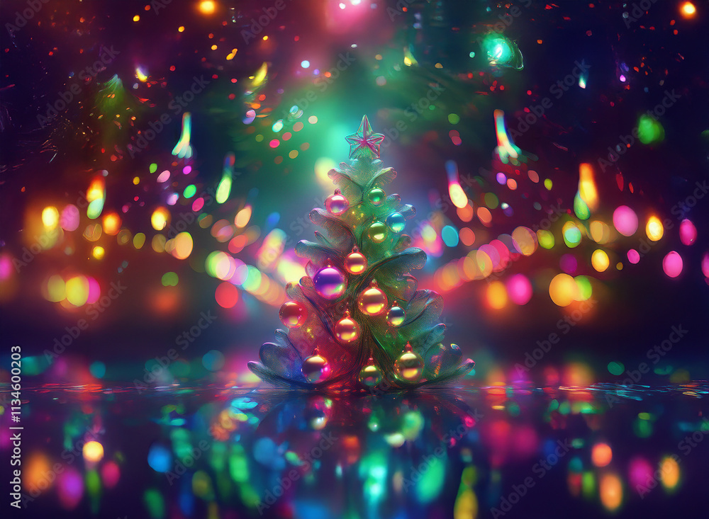 Aufkleber a vibrant, stylized christmas tree stands in a dazzling array of colorful lights and bokeh, reflecti