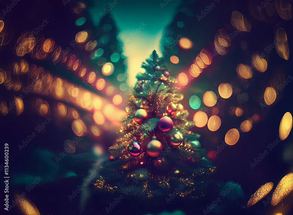 Aufkleber a miniature christmas tree adorned with colorful ornaments sits in a bokeh-filled, dark, wintery sce