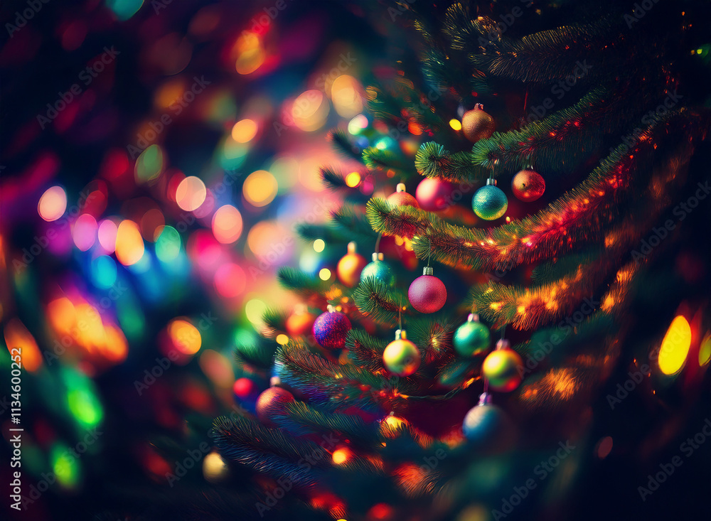 Poster a vibrantly lit christmas tree adorned with colorful ornaments, bokeh lights creating a magical, fes