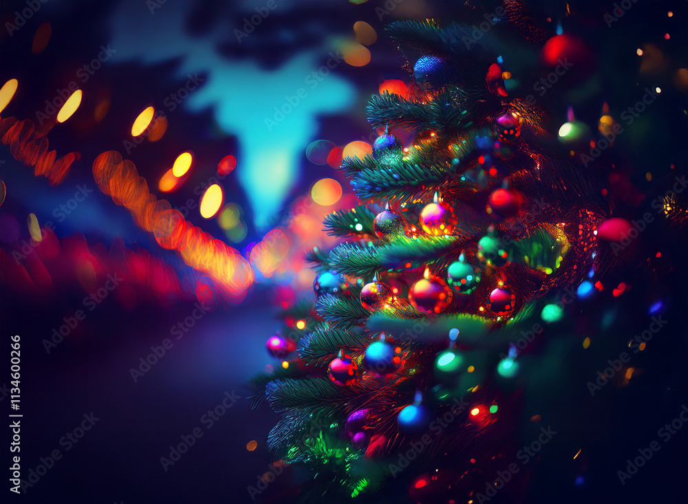 Aufkleber a vibrant christmas tree adorned with colorful ornaments glows brightly against a bokeh backdrop of 