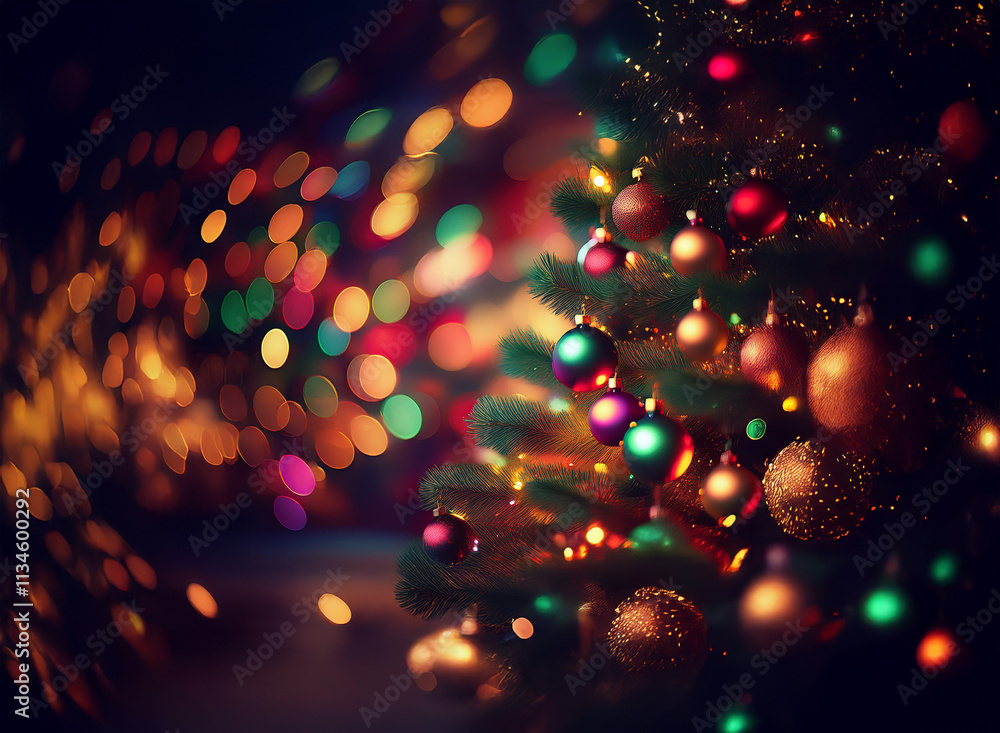 Poster a beautifully decorated christmas tree glows with colorful ornaments and lights against a bokeh back