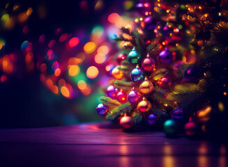 A vibrant, miniature Christmas tree adorned with colorful ornaments sits on a dark wooden surface, bathed in a warm, festive glow from bokeh lights.