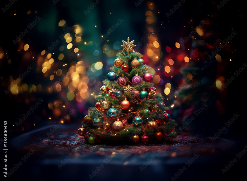 Poster A miniature Christmas tree adorned with colorful ornaments sits on a dark surface, encircled by a magical bokeh of warm and cool lights.  Sparkling dust motes add to the enchanting scene.
