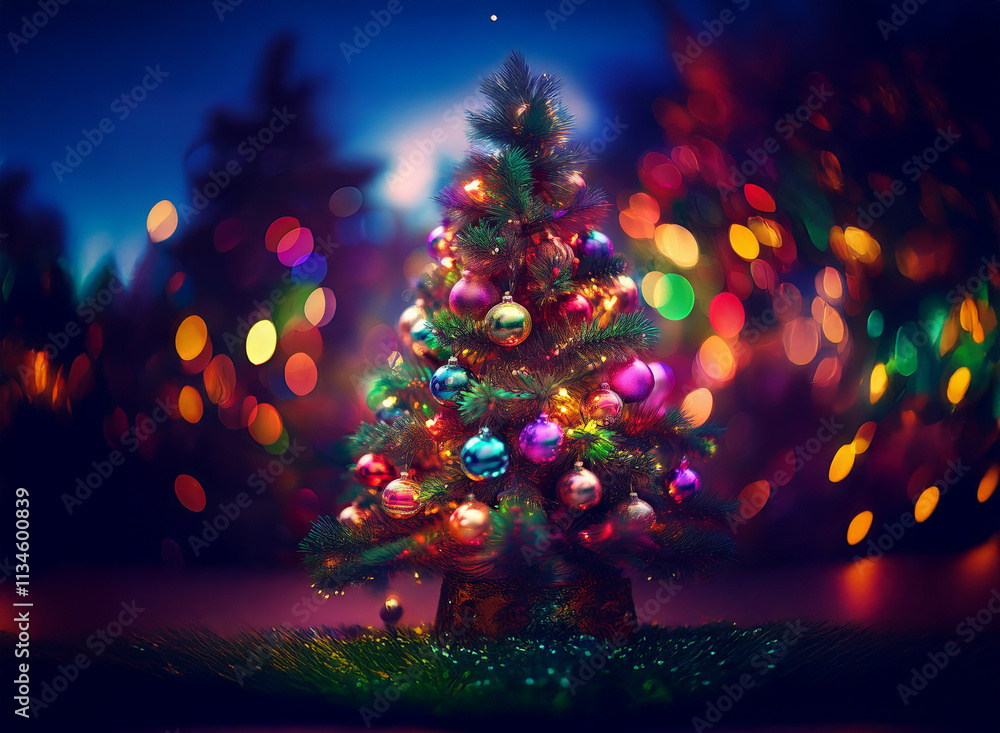 Poster a vibrant christmas tree adorned with colorful ornaments glows brightly against a bokeh backdrop of 