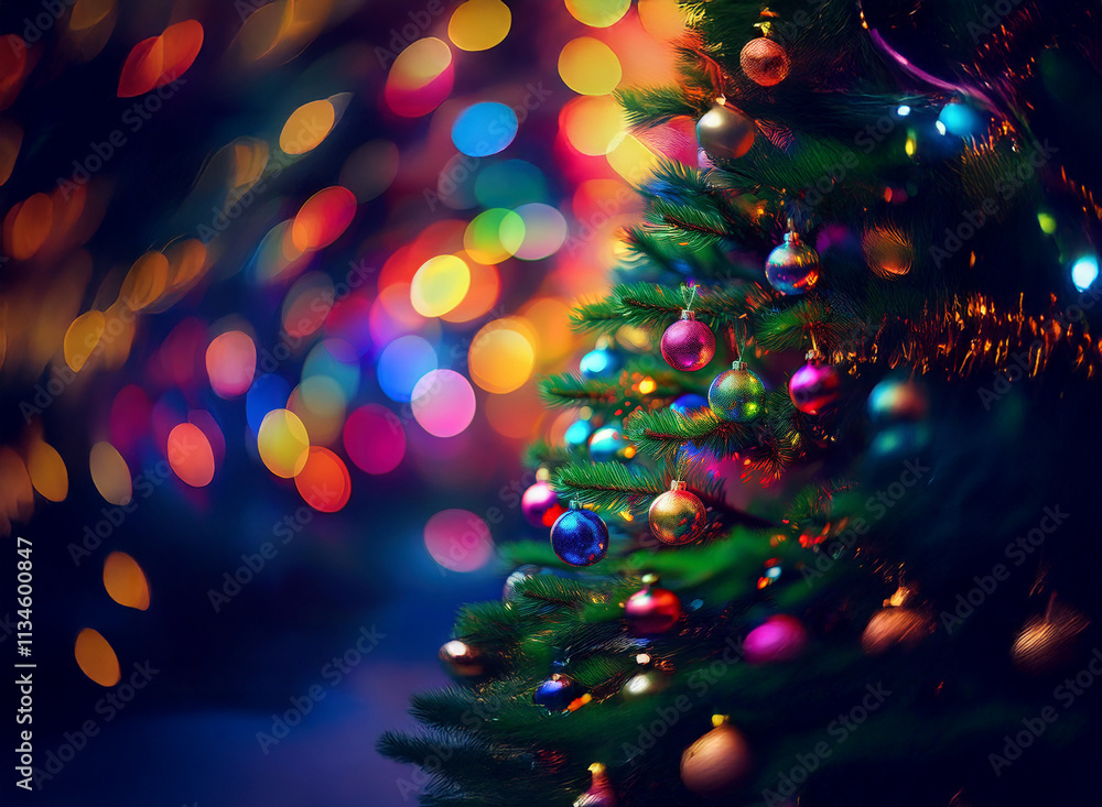 Aufkleber A beautifully decorated Christmas tree glows with colorful ornaments and lights, creating a festive and magical winter scene.  The bokeh effect adds depth and sparkle.