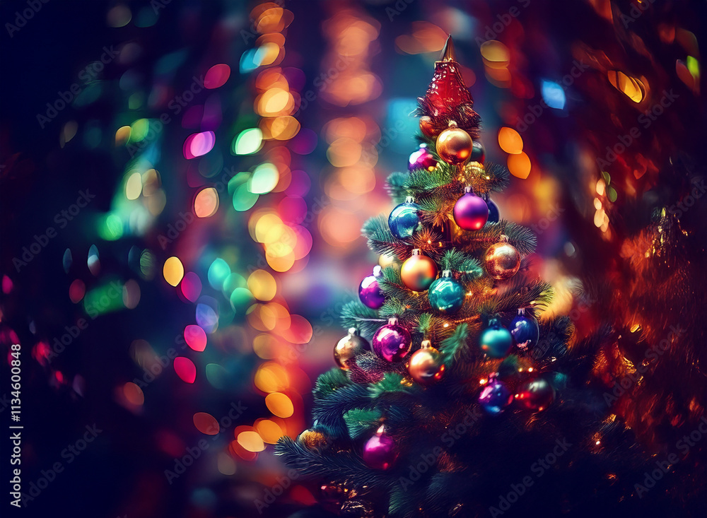 Poster A vibrant Christmas tree adorned with colorful ornaments stands out against a bokeh background of twinkling lights, creating a festive and magical scene.