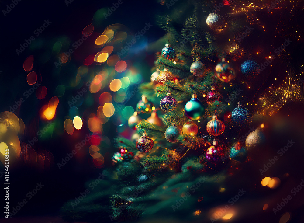 Poster a beautifully decorated christmas tree glows with colorful ornaments and warm lights, creating a mag
