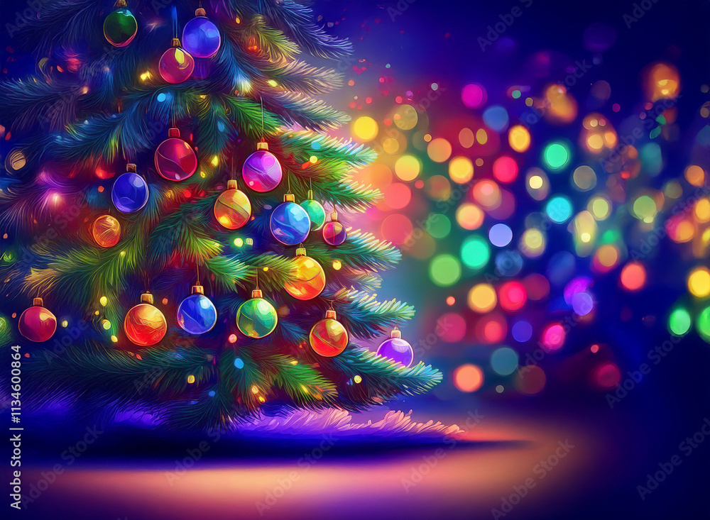 Poster A vibrant Christmas tree adorned with colorful ornaments, bathed in warm and cool light.  A bokeh effect of multicolored lights forms a magical backdrop.